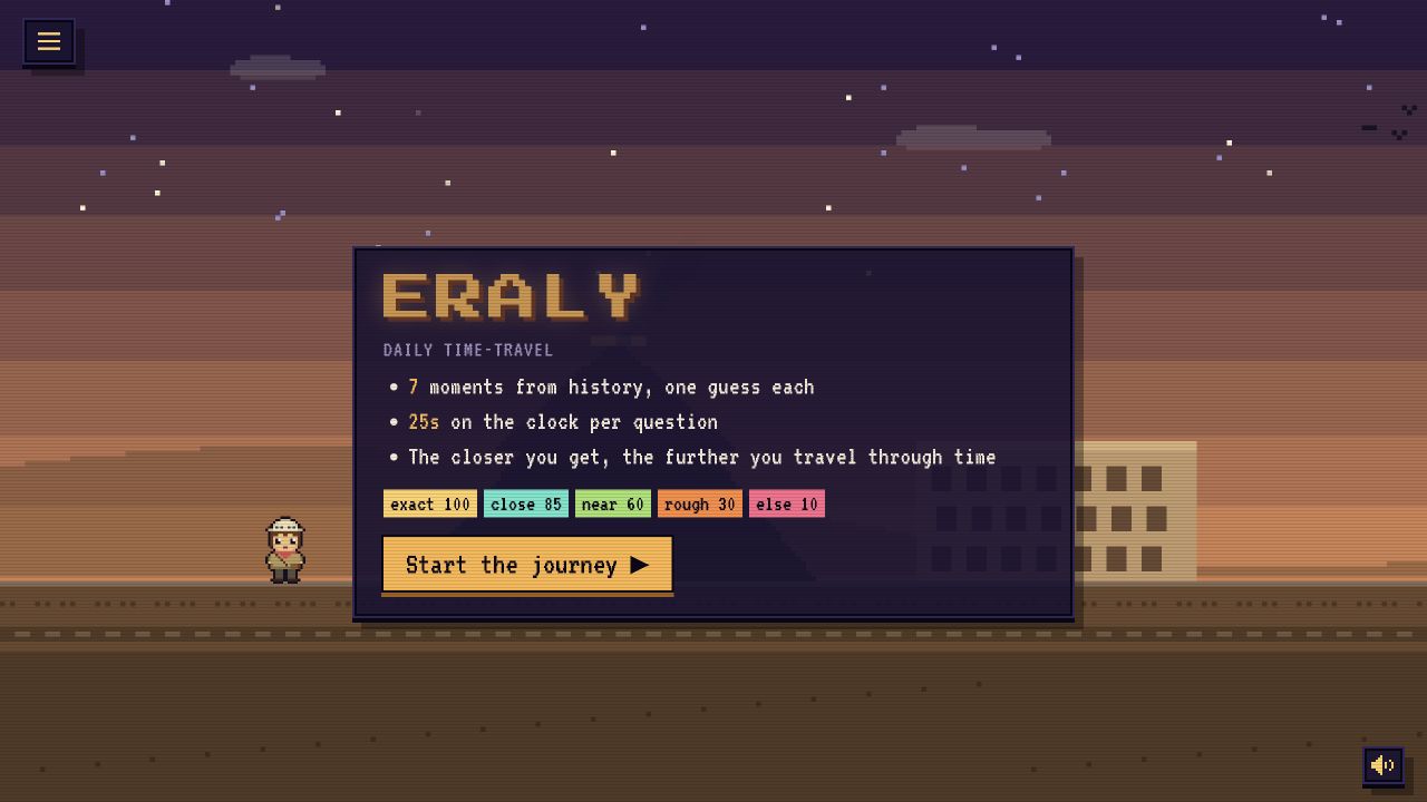 Eraly title screen with its pixel traveller, timeline landscape and Start the journey button